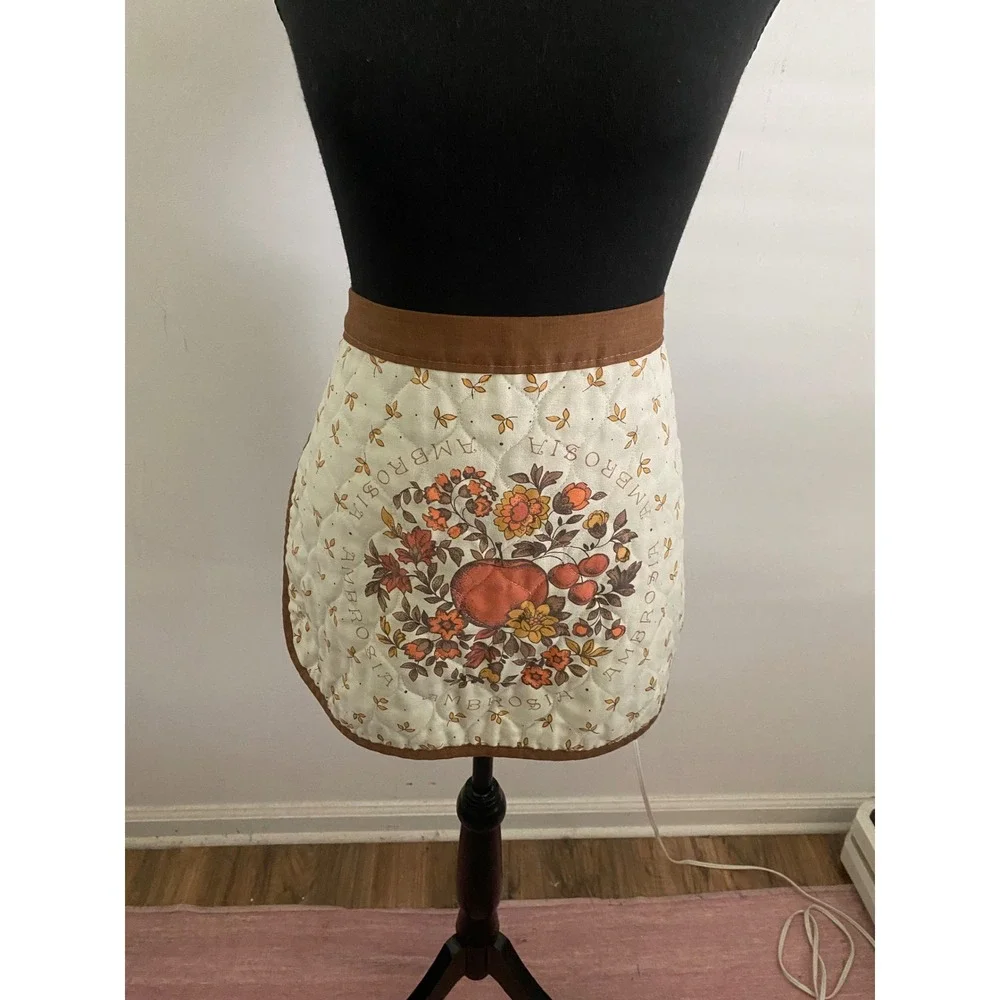 Vintage‎ Ambrosia Quilted Half Apron Brown Cream Floral Fruit Retro 70s Kitchen